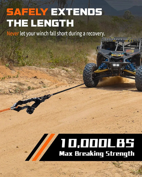Heavy Duty Winch Rope Extension One Quarter Inch By Fifty Feet For Off Road Recovery 10,000 Lbs Capacity Bright Orange Color For Easy Visibility And Quick Anchor Reach Ideal For Jeep And ATV Recoveries, orange rope pulling ATV