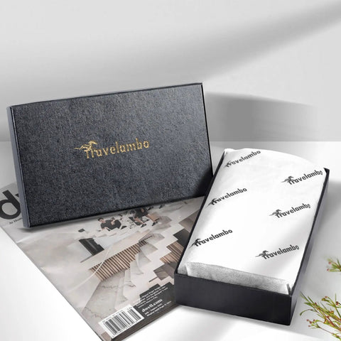 Gift box for Women's RFID Blocking Trifold Wallet With Large Capacity Card Holder Purse, lid open showing branded tissue paper.