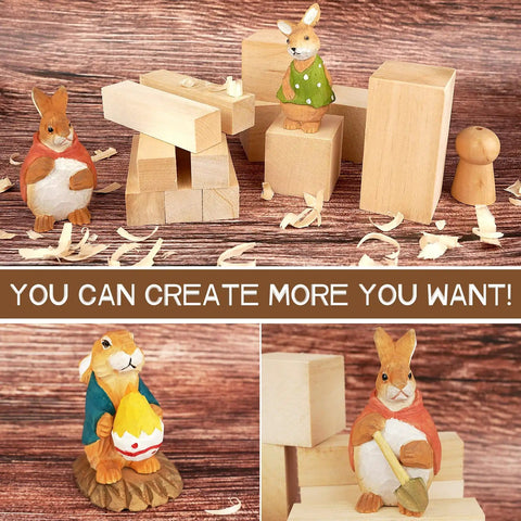 Dope Whittling Wood Blocks Kit With 19 Pieces For Basswood Carving In Three Sizes, Includes 12 Rectangles 1X1X4, 6 Cubes 2X2X4, and 1 Rectangle 2X2X4 displayed with carved animals.