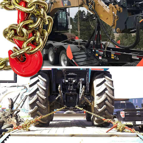 Badass Two Pack Ratchet Load Binder With Grade 70 Hook To Hook Five Sixteen Inch By Ten Foot Chains securing heavy machinery on a trailer.