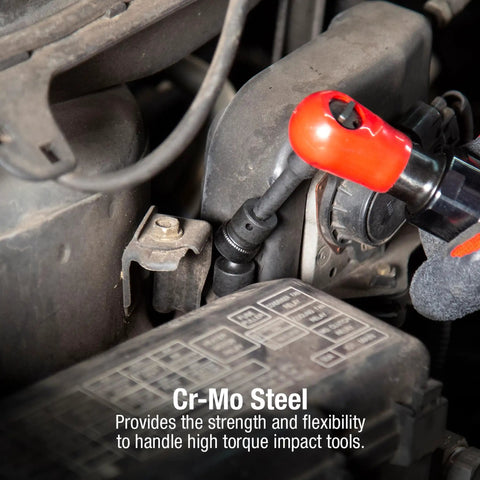 Twelve Piece Quarter Inch Drive Metric Impact Socket Set in use on engine, showcasing chamfered opening and Cr-Mo steel strength