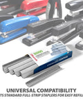 No Hassle Chisel Point Staples With One Quarter Inch Legs Serve As Workhorse Fasteners In Five Huge Boxes For Twenty Five Thousand Total Units Perfect For Schools And Offices To Clamp Papers Solidly Today in a box with staples and staplers.