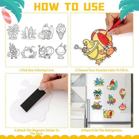 Steps using Summer Craft Fridge Magnet Kit For DIY Colorful Beach Fruit Ice Cream Magnets With 32 Cards 32 Magnets And 24 Paint Pens