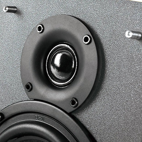 Close-up of R1700BT Bluetooth Bookshelf Speakers With 66W RMS Power, Boss Sound Active Near Field Studio Monitors in focus.