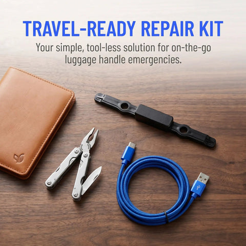 Travel-ready repair kit including a black luggage handle button replacement, multi-tool, brown wallet, and blue charging cable.