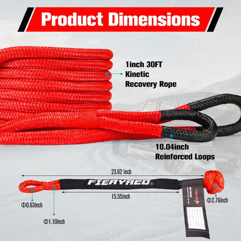 Trail Ready Kinetic Recovery Rope Kit With Two Heavy Duty Synthetic Soft Shackles And Storage Bag One Inch By Thirty Foot Snatch Strap measuring 1 inch width and 30 feet long.