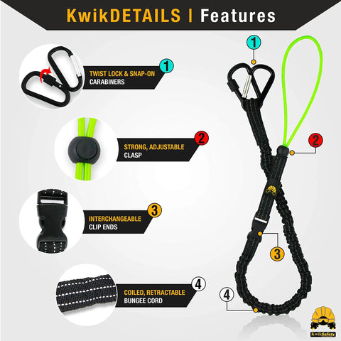 Rugged Fall Protection Kit features carabiners, adjustable clasp, clip ends, bungee cord for roofing jobs ANSI OSHA PPE ready for safety.