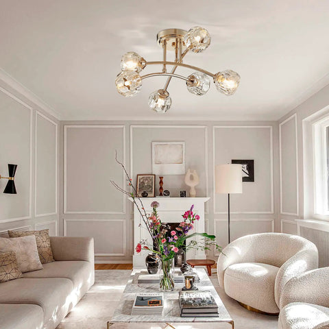 Living room with Spuntnik Crystal Ceiling Light Fixture With Six G9 Base Bulbs, semi flush mount, gold finish, modern decor.
