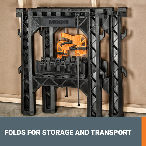 Folded integrated bar clamp sawhorses for secure vertical or horizontal work on any jobsite lightweight at just 4 lbs each