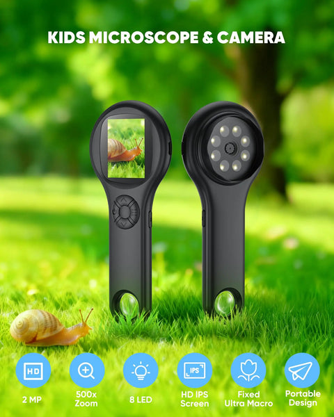 Pocket Digital Microscope for Kids Kid Friendly Handheld USB 500X Magnifier With 4X Zoom Portable Learning Toy for Exploring Coins Fibers Gems and More Ideal Christmas Birthday Gift for Boys and Girls Aged 3 12, black with screen