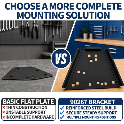 Comparison of Quick Release Bench Plate Kit For Lee Precision Reloading Press and basic flat plate on workshop table.