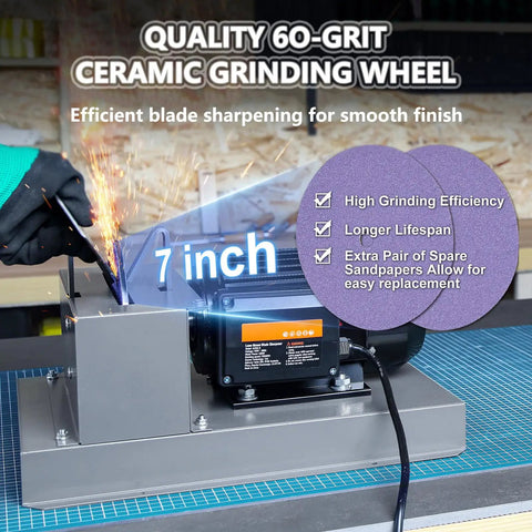 Rock Solid 750W Lawnmower Blade Sharpener Bench Grinder With Ceramic Grinding Wheel And 60 Grit Sandpaper showing 7-inch grinding wheel in use.