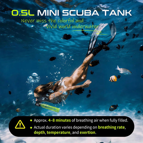 Woman snorkeling with 0.5L Mini Scuba Tank With Dot Certification Portable Diving Kit With Optional Snorkel Mask Combo in ocean
