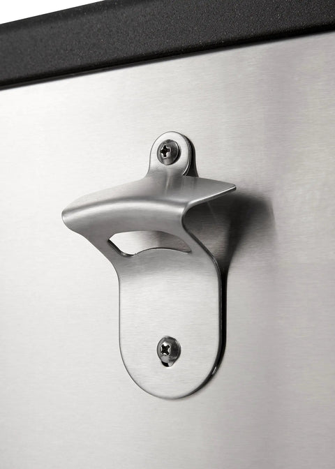 Close-up of the built-in bottle opener on the Stainless Steel Beverage Cooler And Ice Chest With Wheels And Built In Bottle Opener Rolling Cart