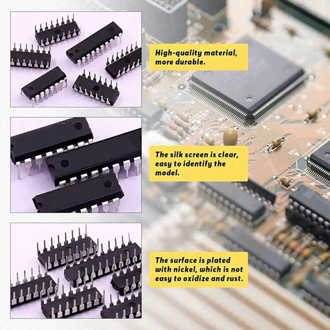 66 Piece DIP IC Sockets Assortment 6 Pin To 28 Pin Flat For PCB Prototyping And DIY Electronics Projects Double Row Insulated Plastic Chip Socket Connectors showcasing material and features.