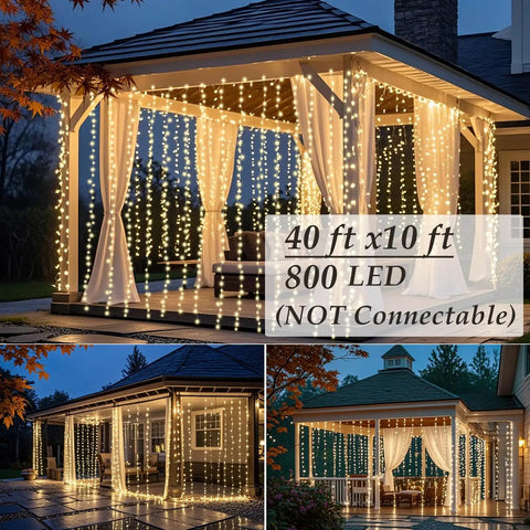 Epic Outdoor 40Ft By 10Ft 800 LED Curtain Lights With Plug In Hanging String Lights For Backyard Patio Party Ready Wedding Decor Warm White Twinkle Backdrop Indoor Outdoor Weatherproof Not Connectable lighting up a gazebo
