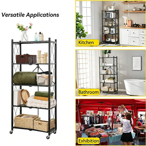 Super Durable Triple Tier Metal Wire Shelf That Is Hella Versatile For Kitchen Pantries Garages And Bedrooms Easy Foldable Design Makes Clutter Disappear Fast in kitchen, bathroom, and exhibition settings.