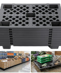 Heavy Duty Plastic Pallet Set 23.6x15.8x3.9 Inch Stackable Interlocking Storage Platform shown in warehouse and garden