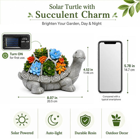 Solar Turtle Garden Statue With Succulent Holder And Seven LED Lights For Patio Yard And Balcony Decor A Cool Gift For Mom Grandma