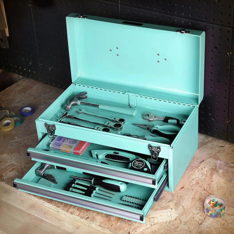 Damn Solid Steel Tool Chest With Secure Locking Drawers For Serious Workshop Storage Featuring Knockout Turquoise Powder Coat Finish showcasing tools inside.