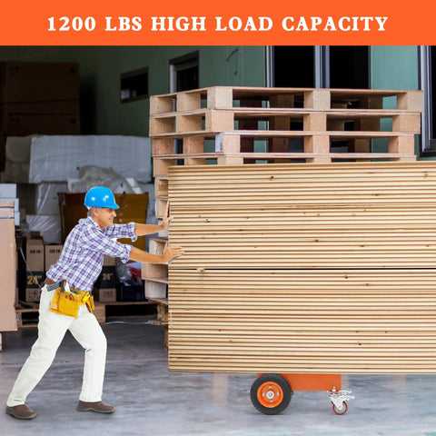 Person using Heavy Duty Panel Dolly Cart With 1200 Lbs Capacity to push stacked plywood sheets on tight job site.