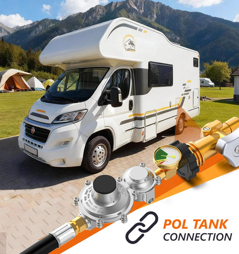RV with two stage propane regulator for RV and outdoor appliances featuring POL tank connection in scenic outdoor setting.