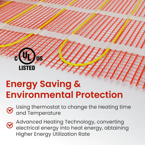 Close-up of Thirty Square Feet Self Adhesive Electric Radiant Floor Heating Mat highlighting energy-saving features and certification.
