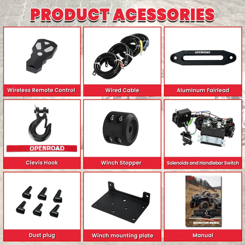 Trail Boss 6000 Lbs UTV Winch Waterproof Electric Recovery Beast accessories including remote, cables, hooks, and manual.