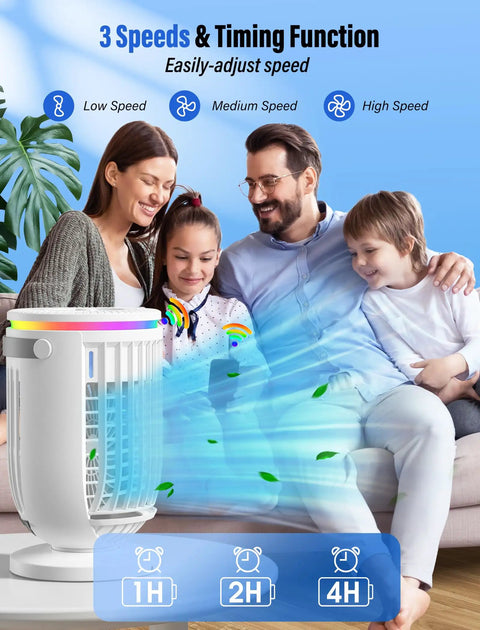 Family enjoying cool air from Personal Mini Air Conditioner Fan With 1200ml Water Tank 4 In 1 Evaporative Cooler in living room