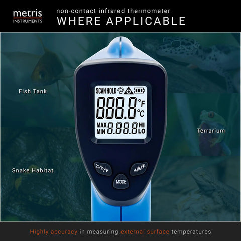 Digital Infrared Thermometer Gun With 12 To 1 Distance To Spot Ratio Laser Aiming For Aquarium Terrarium Reptile Snake Enclosures And Automotive Use Lightweight Handheld Temp Tool With Fast Accurate Surface Readings, front display