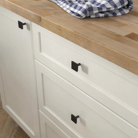 Matte Black One And One Eighth Inch Square Cabinet Knobs 10 Pack For Dresser Drawers Kitchen Cabinets Vanity Furniture Closet Easy Install Modern Minimalist Hardware That Updates Any Space installed on white cabinets