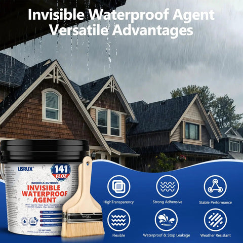 Legit Invisible Waterproof Sealant That Blocks Every Leak On Roofs Walls Windows And Showers With A Clear Water Base Shield Built For Heavy Duty Use Indoors And Outdoors in a rain-soaked outdoor setting.