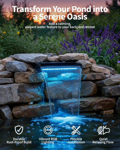 8 Inch Pond Waterfall Spillway With RGB LED Lights And 660 GPH Pond Pump, stainless steel over natural rocks in a backyard.