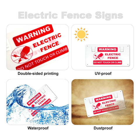 Product image showing 15 Piece Electric Fence Warning Signs No Touching Electric Safety Sign To Protect Your Farm Home 9.68 By 5.04 Inches White And Red Pack Of 15 Durable Signs With Mounting Holes And Lugs