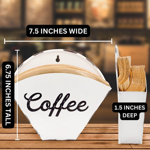 Enamelware Coffee Filter Holder Wall Mount Cone Shaped White Vintage Farmhouse Style Filter Storage Container with dimensions.