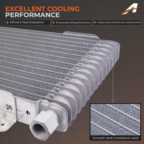 Close-up of a 40K Transmission Cooler Kit For Heavy Duty Trucks And Towing Low Pressure Drop Oil Cooler System, aluminum core visible
