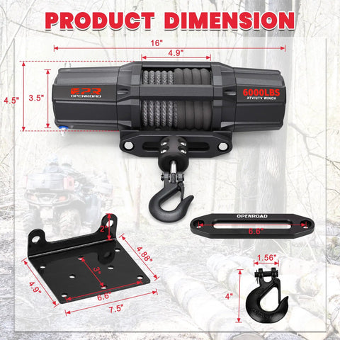 Trail Boss 6000 Lbs UTV Winch Waterproof Electric Recovery Beast With Fifty Foot Synthetic Rope Wireless Remote Off Road Rig And Heavy Duty Mounting Plate Included dimensions diagram showing size and components