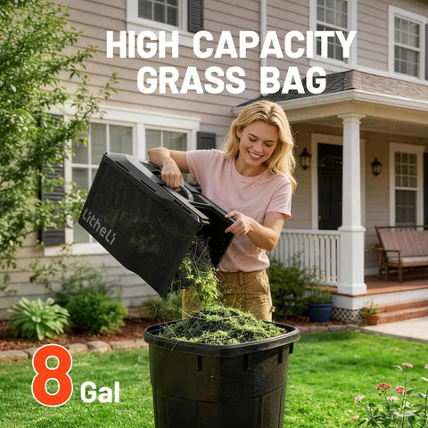 Woman emptying grass from high capacity bag into bin, related to Cordless Electric Lawn Mower With Brushless Motor, 14 Inch Cutting Width.