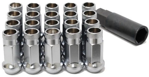 SR48 Open End Lug Nuts 12mm By 1.25 Thread Size Silver Lightweight Thin Wall Design With 60 Degree Taper Seat Knurled Top, 20pcs