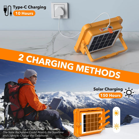 Rechargeable LED Work Light On The Go Portable Solar Powered Floor Lamp with 100W Output showing two charging methods