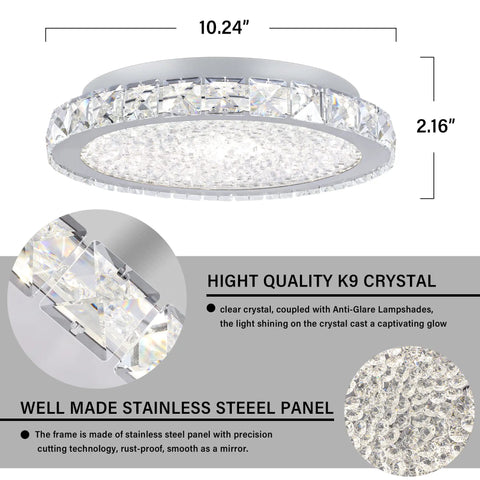 Mini Flush Mount LED Ceiling Light With Crystal K9 Glow That Is Lit, 10.24 Inch, showing dimensions and K9 crystal detail