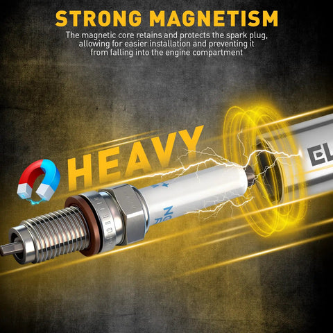 Slick Professional Grade Eight Piece 3/8 Drive Magnetic Swivel Spark Plug Socket Kit showing strong magnetism with spark plug.