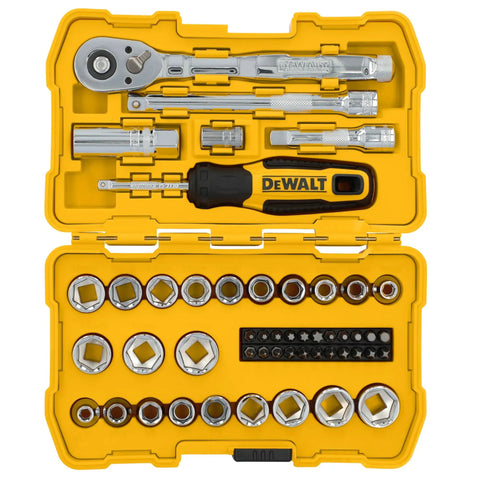 Heavy Duty Mechanics Tool Set Featuring Low Profile Ratchet And Directtorque Sockets Built Tough For Tight Squeezes Professional Grade Chrome Finish Impact Ready 3 8 Inch Drive 50 Piece Crew Favorite Garage Staple in yellow case.