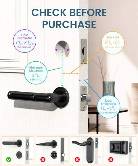 Keyless Entry Smart Deadbolt Lock Featuring Fingerprint Touchscreen and Smartphone App Control for Quick Home or Office Security No Sweat Install Super Solid Build Quality installation guide showing dimensions and fit on wooden door.