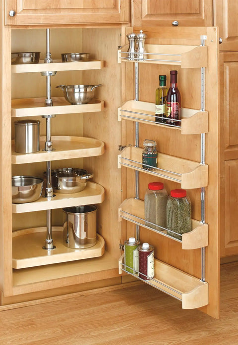 Top Shelf Wood Five Shelf D Shaped Lazy Susan With Slick Chrome Spin Hub And Heavy Duty Telescoping Post For Nailed Down Cabinet Pantry Setup All Day Long, showcasing five D shaped shelves with contents.