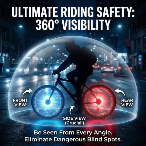 Cyclist with visible Rechargeable Bike Wheel Lights With Nine Colors And Twenty One Lighting Modes LED Bicycle Tire Lights