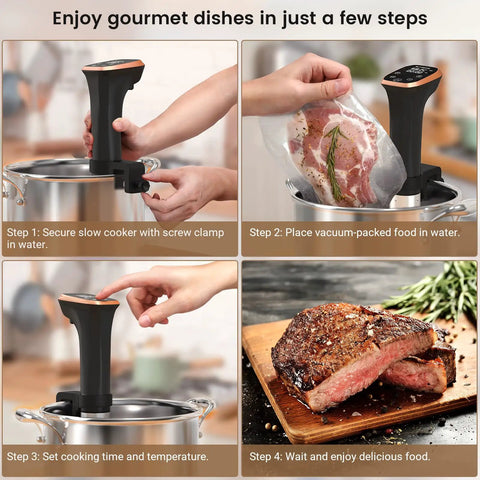 Pro Grade Sous Vide Cooker Immersion Circulator With Recipes, IPX7 Waterproof And Ultra Quiet 1100W, Fast Heating, Precise Temperature 0.1 Degree Celsius And 99.59 Hour Timer, Compact Stainless Steel Design For Effortless Chef Level Results, in pot with steak