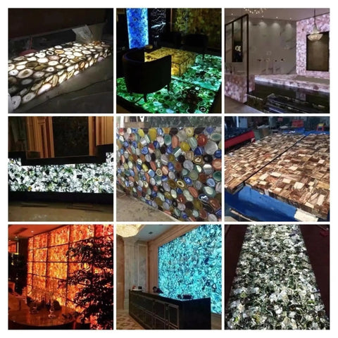 Collage of stunning malachite stone surfaces, showcasing various designs, colors, and finishes in décor settings.