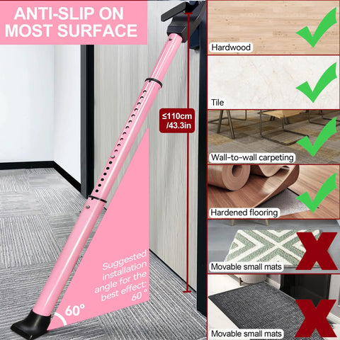 Badass Door Security Bar with Adjustable Lock for Travel and Home Safety showing pink jammer sticks on various floor surfaces.