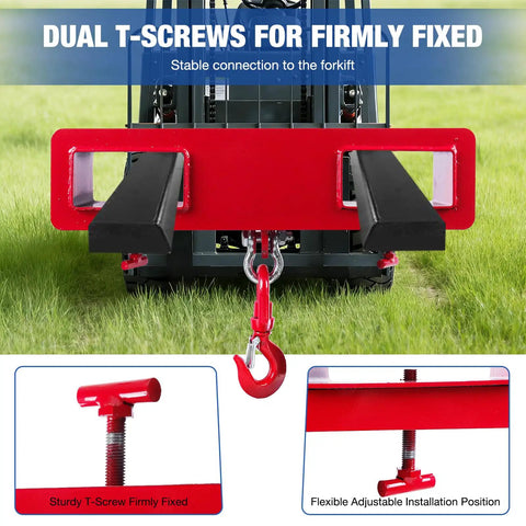 Heavy Duty Forklift Lifting Hook With 4400 Lbs Capacity, Swivel 360 Degree Rotation, Security Latch, Dual Large T Screws, Red Mobile Crane Style Hoist Hook, Easy Slide On Pallet Forks, Ideal For Warehouse Hoisting And Load Handling on forklift